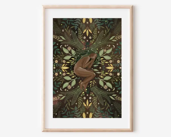 Woven Into Nature Folk Woman Art Print, Boho Retro