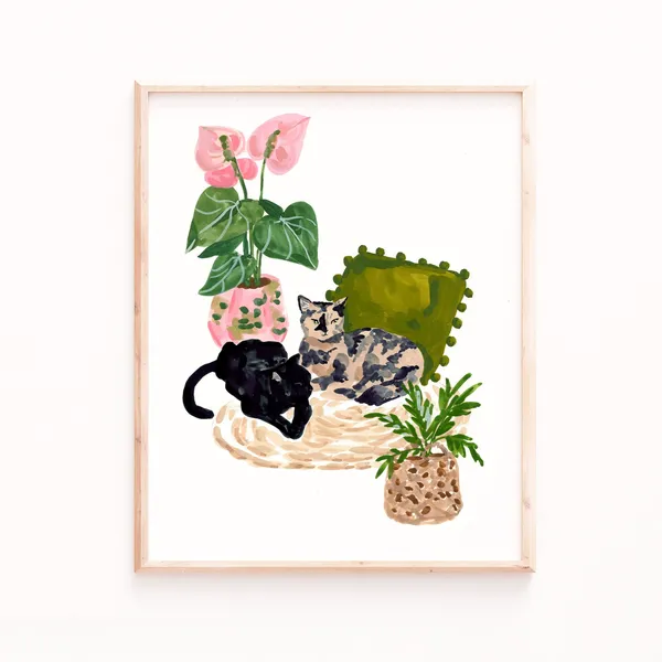 Cats Art Print, Two Cats And Plants Poster