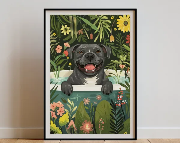 Blue Staffy Jungle Bathtub Tropical Art Print
