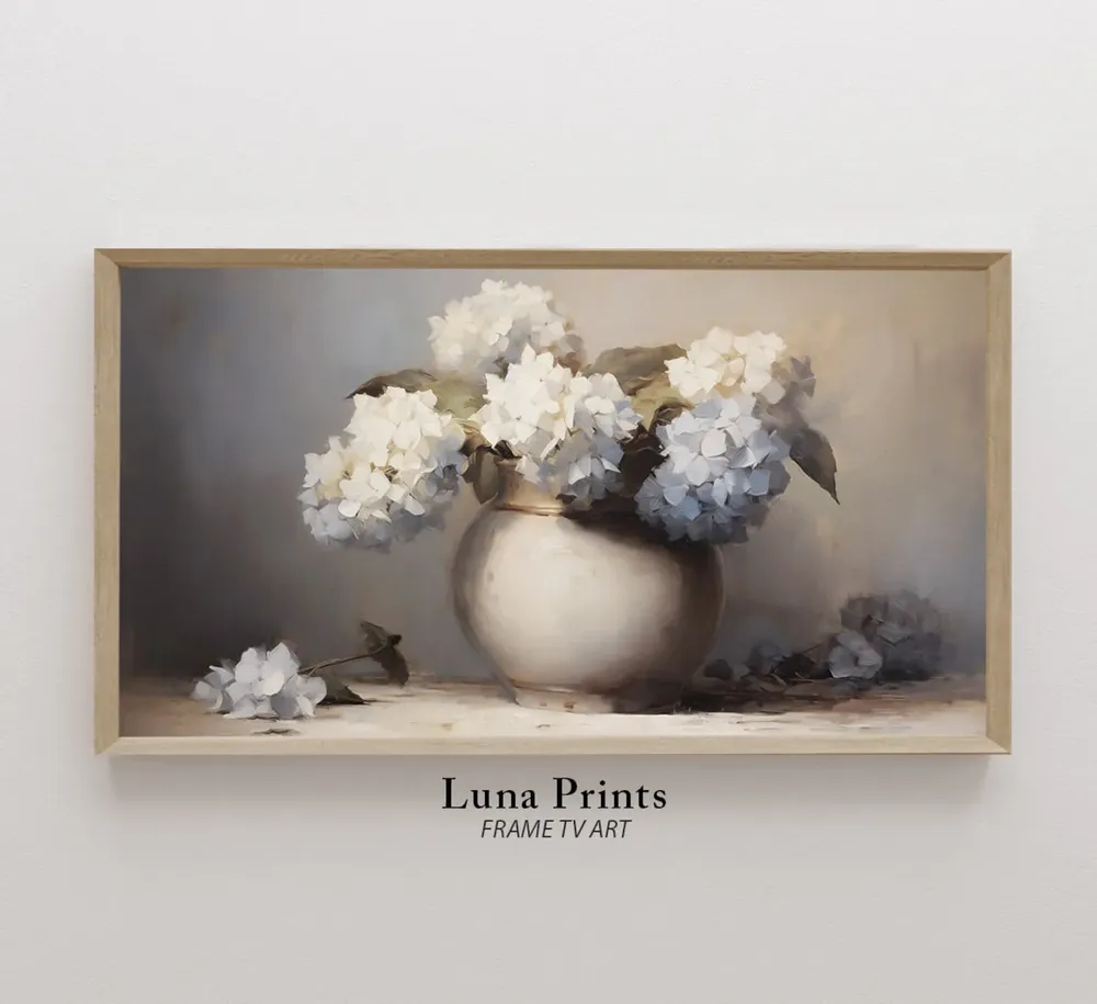 Blue and White Hydrangea Art Print, Spring Still Life