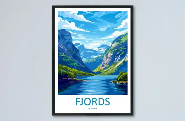 The Fjords Norway Travel Poster, Scandinavian Mountains