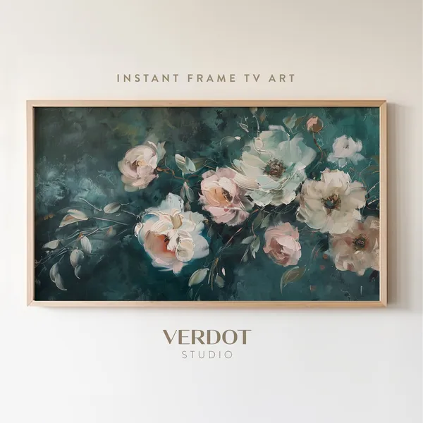 Dark Blue Vintage Flowers Art Print, Floral Botanical
