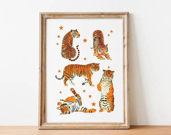 Tiger Art Print, Jungle Wildlife Illustration