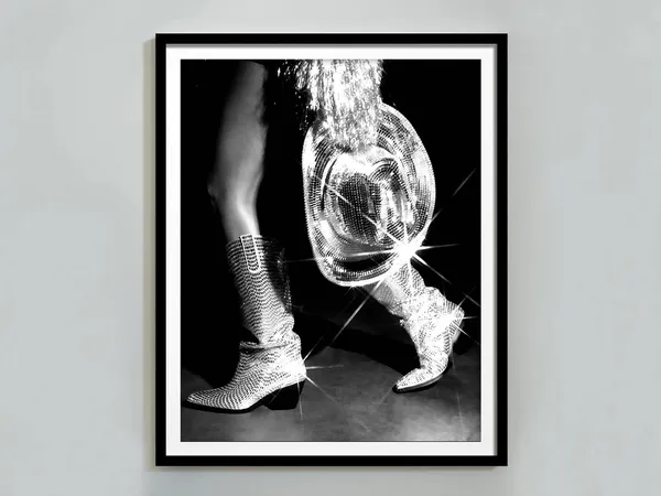 Retro Western Cowgirl Boot Art Print, Black And White