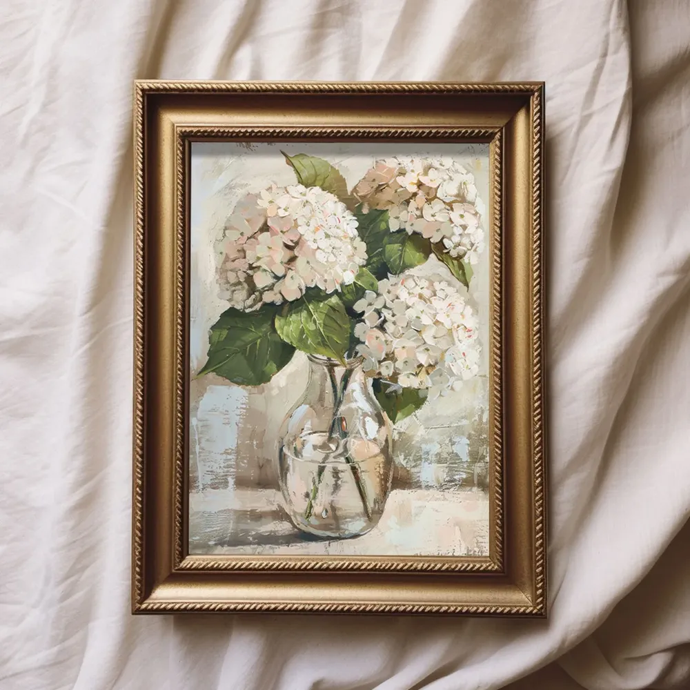 White Hydrangea Still Life, Vintage Cottage Art Print - Image 2