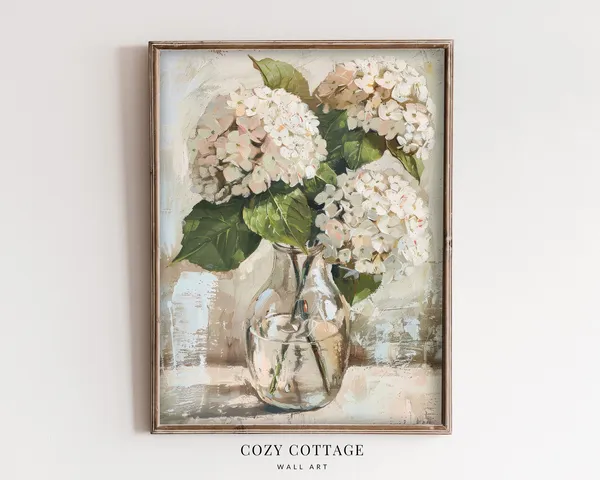 White Hydrangea Still Life, Vintage Cottage Art Print