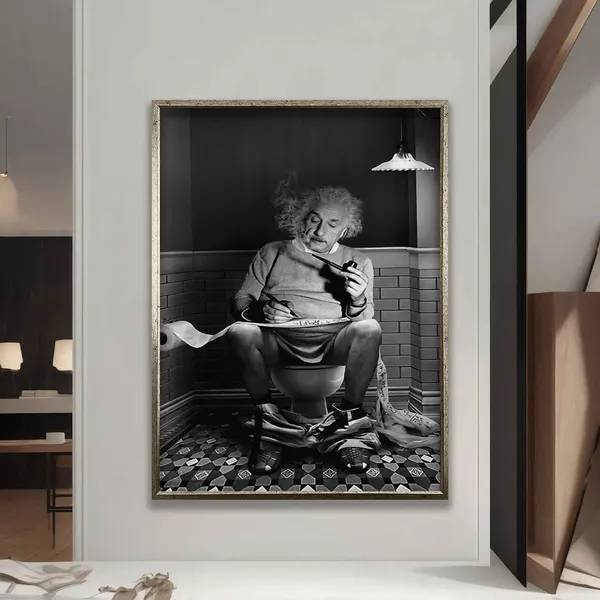 Einstein In The Toilet Black And White Art Print