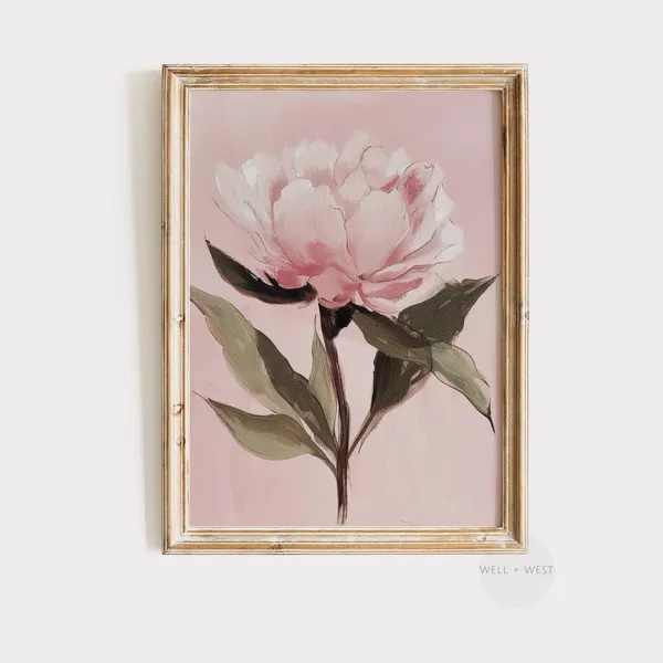 Pink Peony Flower Oil Painting, Vintage Spring Decor