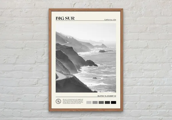 Black and White Big Sur Travel Poster, California
