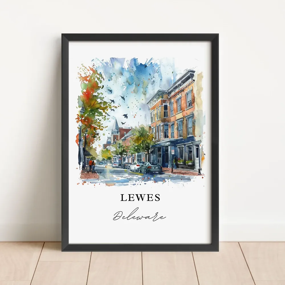 Lewes Delaware Watercolor Travel Poster, Sussex County