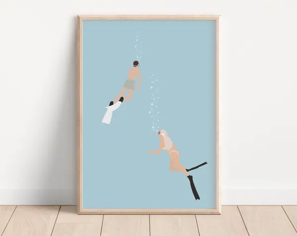 Man and Woman Diving Minimalist Summer Pool Print