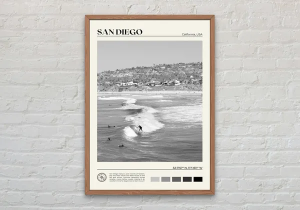 Black and White San Diego Travel Poster, California
