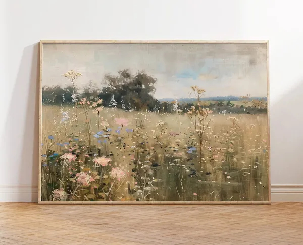 Wildflower Spring Field Landscape Art Print, Farmhouse
