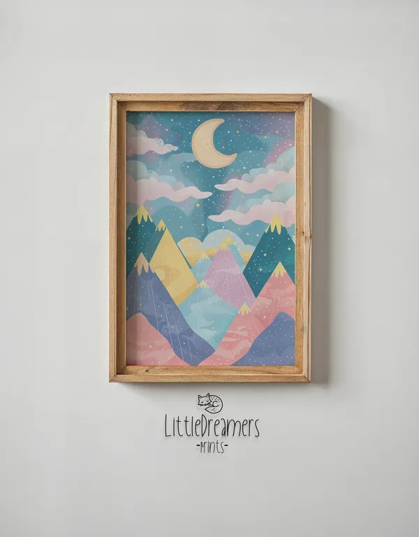 Whimsical Mountain Night Sky Moon and Stars Art Print