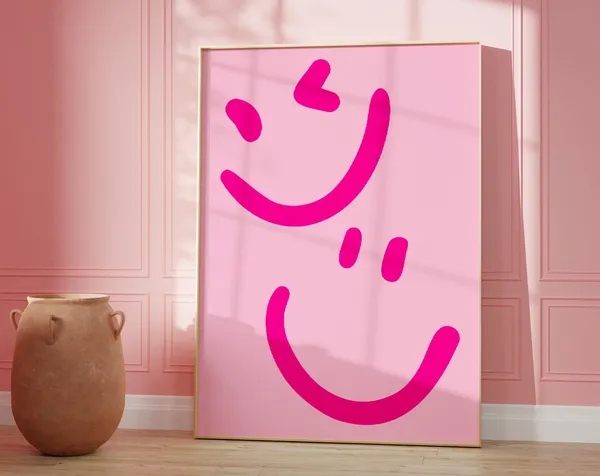Pink Smiley Face Poster, Preppy College Decor