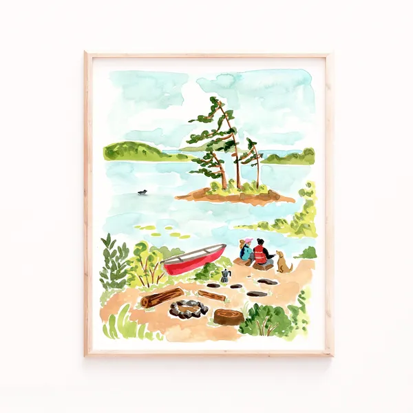 Camping At The Lake Art Print, Couple and Dog Canoe