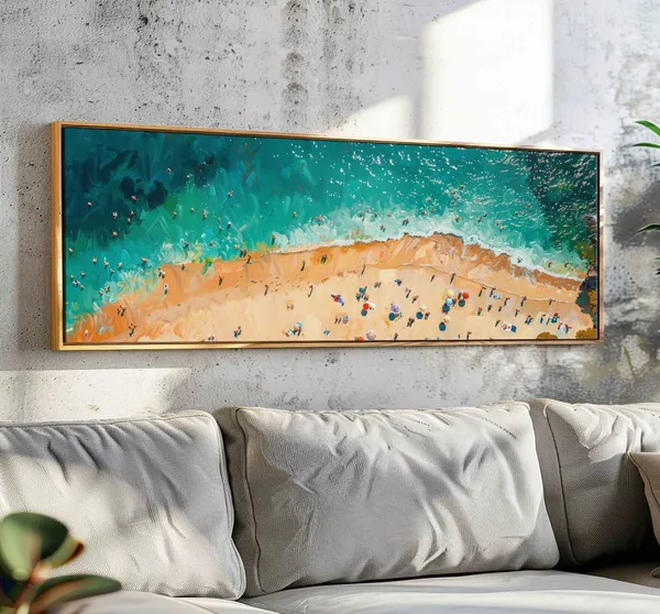 Beach Aerial Painting, Panoramic Summer Art Print
