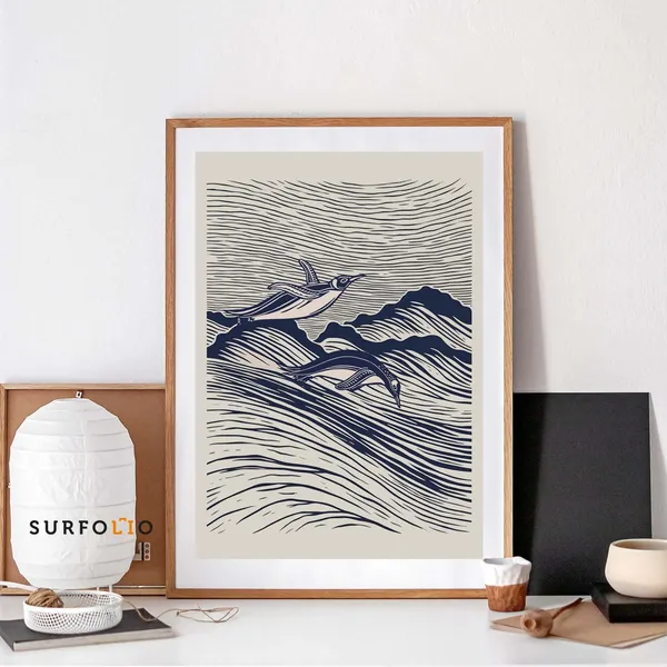 Linocut Penguin Retro Wave Art Print