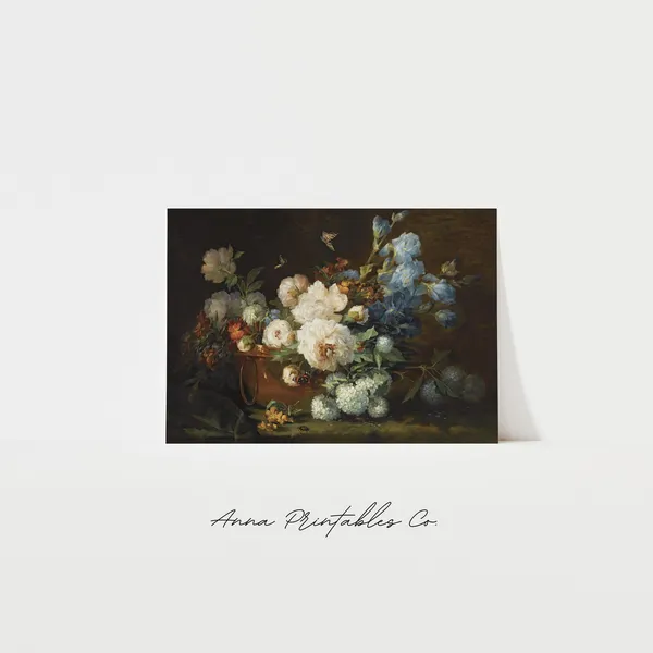 Vintage Still Life With Flowers, Moody Floral Art Print