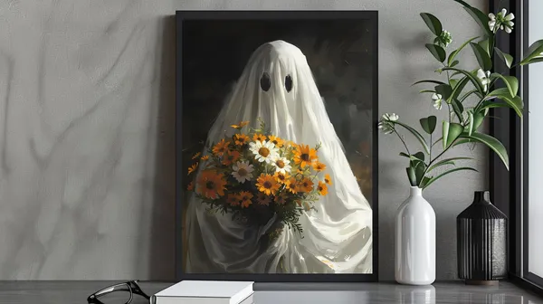 Ghost With Wildflowers, Vintage Halloween Art Print