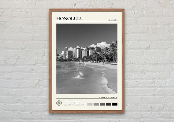 Honolulu Black and White Travel Poster, Art Print