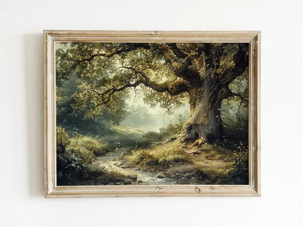 Vintage Oak Tree By Stream Oil Painting Wall Art Print