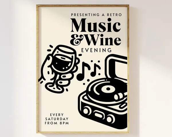 Retro Music And Wine Evening Poster, 90s Kitchen Art