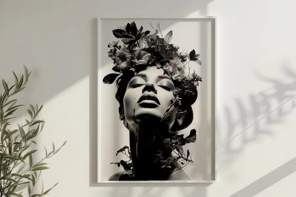 Black and White Woman Flowers Portrait Art Print