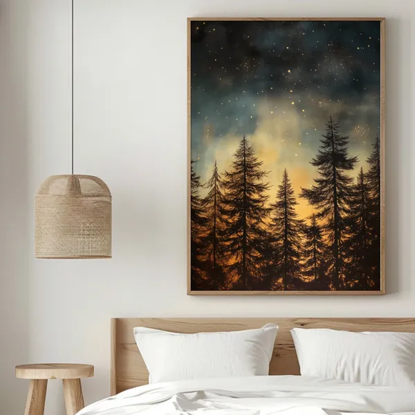 Night Sky Forest, Moody Vintage Cabin Travel Poster