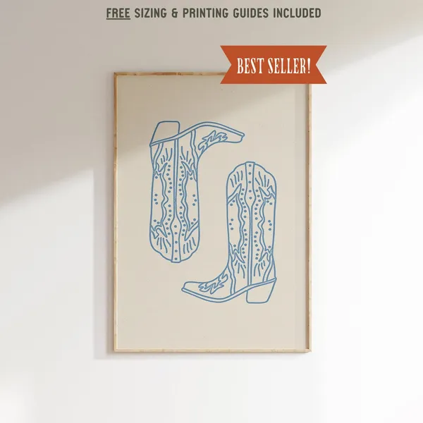 Blue Cowboy Boots, Minimalist Western Art Print