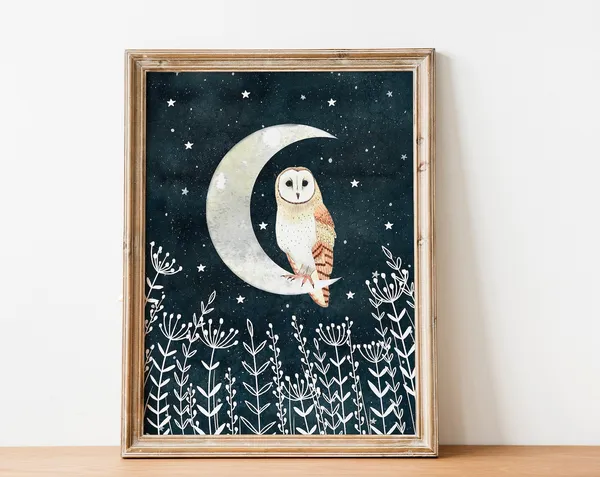 Barn Owl Art Print, Night Sky Wildlife Artwork