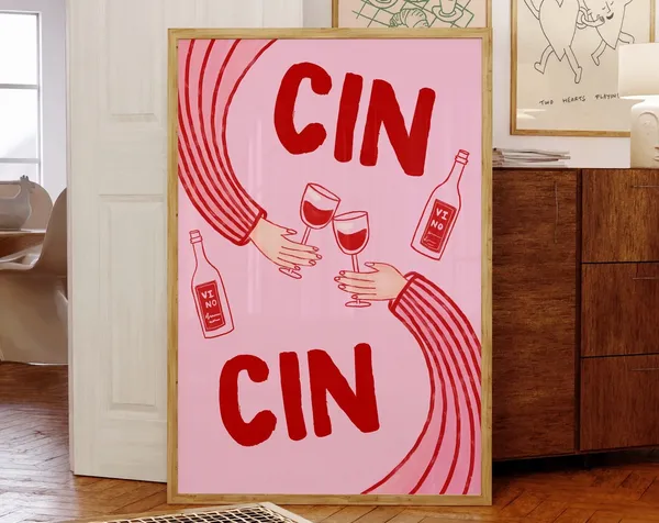 Cin Wine Retro Poster Set of 3, Bar Cart Decor