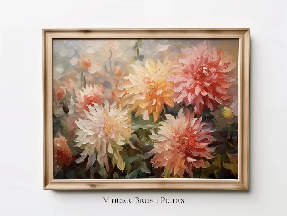Dahlia Garden Impasto Painting Vintage Floral Print