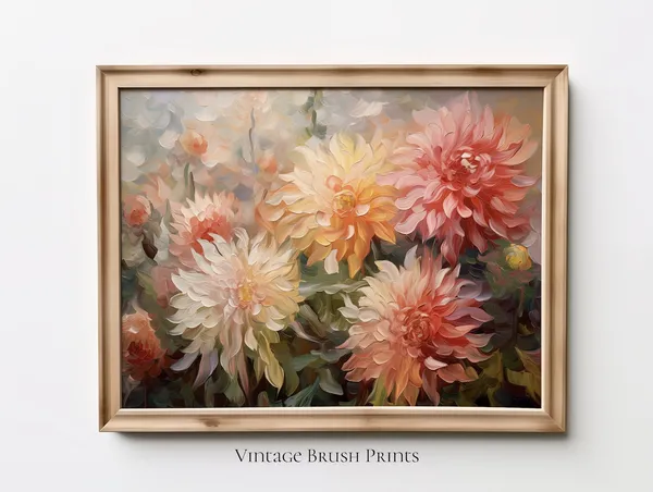 Dahlia Garden Impasto Painting Vintage Floral Print