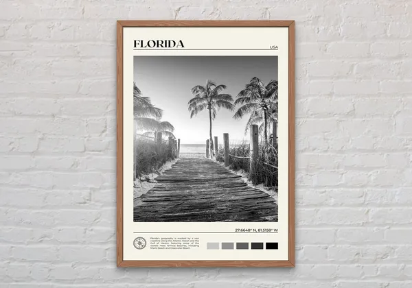 Black And White Florida Travel Poster, Wall Art Print