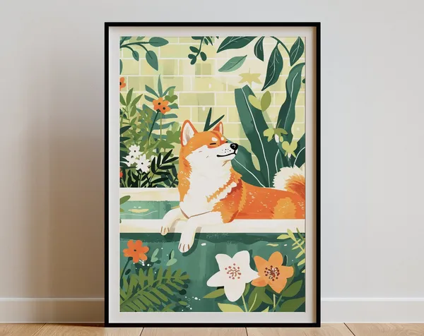 Shiba Inu Boho Jungle Bathtub Art Print