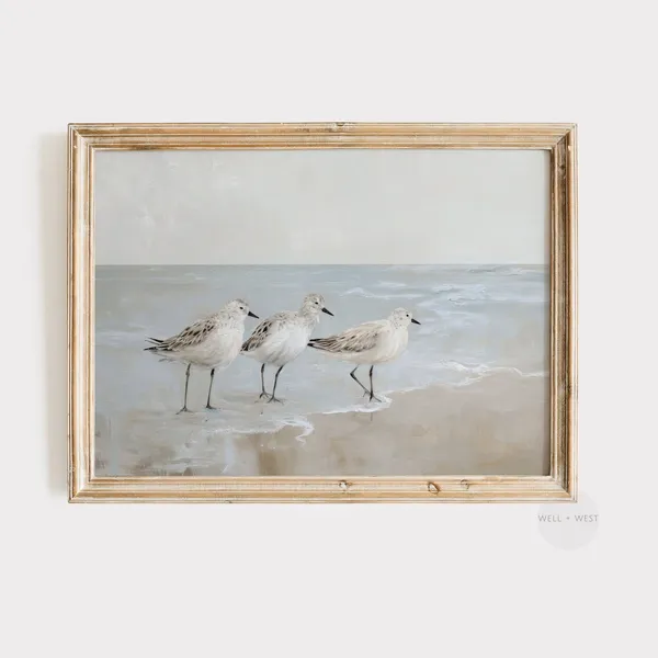 Vintage Neutral Beach Painting, Coastal Bird Art