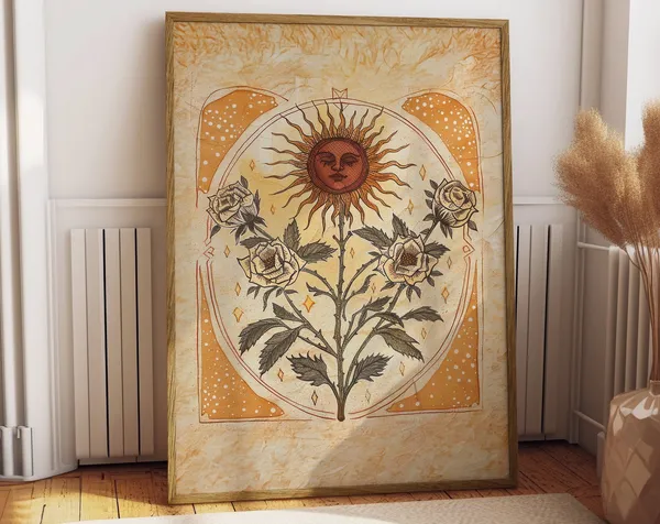 Sun Art Poster, Boho Botanical Rose Art Print