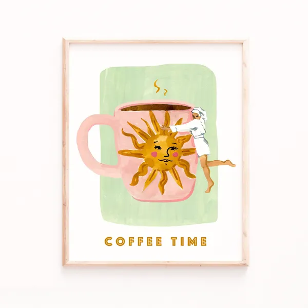 Coffee Hug Boho Kitchen Art Print, Sage Green