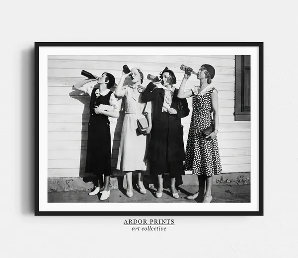 Vintage Women Drinking Beers Poster, Retro Bar Decor