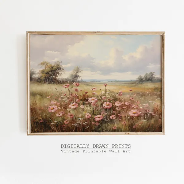 Wildflower Field Landscape, Vintage Oil Painting Print