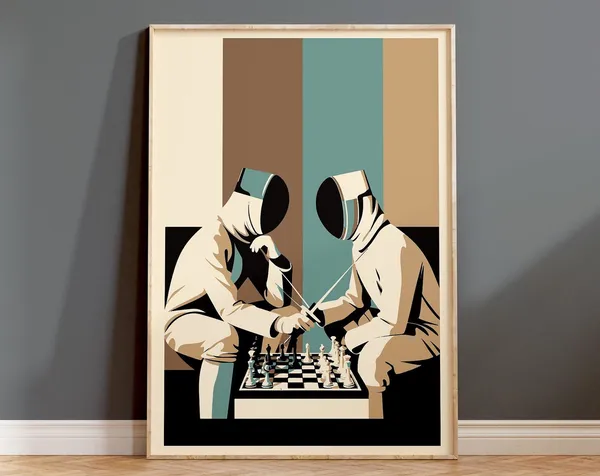 Fencers In Masks Playing Chess, Quirky Wall Art
