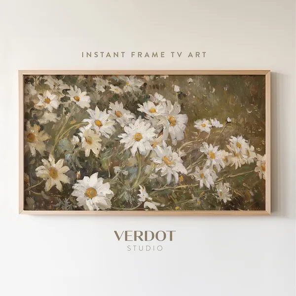 Daisy Flower Garden Painting, Rustic Cottagecore Decor