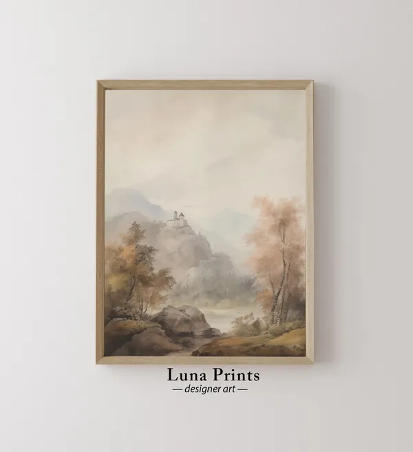 Watercolor Mountain Landscape Art Print, Muted Tones