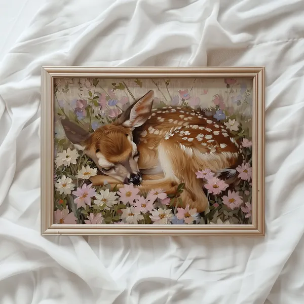 Fawn Sleeping on Flowers Art Print, Romantic Floral