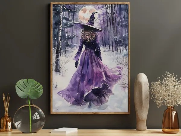 Young Witch in Winter Forest Oil Painting Print