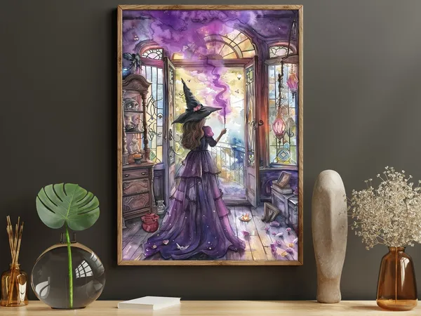 Young Witch in Magic Room Halloween Watercolor Art Print