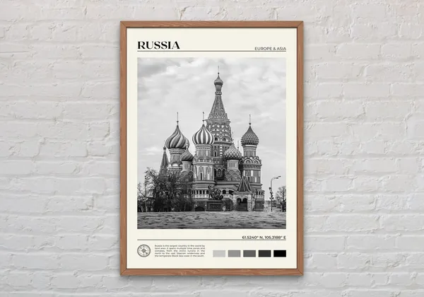 Russia Black and White Travel Poster, Moscow Europe Asia