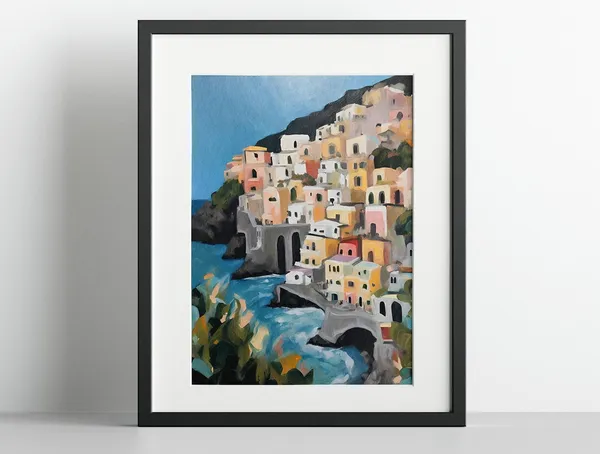 Amalfi Coastal Travel Poster, Pastel Pink Italy