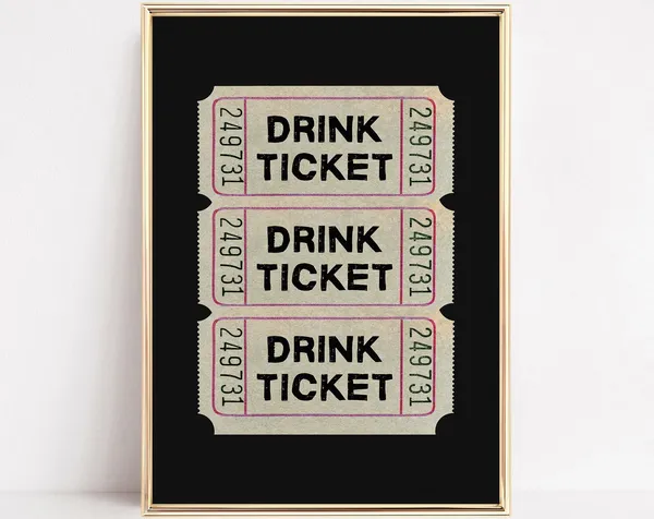 Vintage Drink Ticket Typography Poster, Retro Bar Cart Art